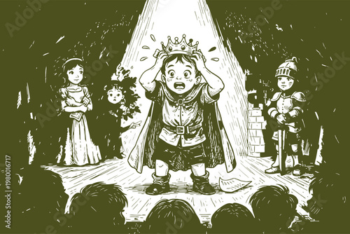 Scared Kid King on Stage at School Play