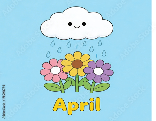 Cute April showers bring May flowers vector illustration with smiling cloud