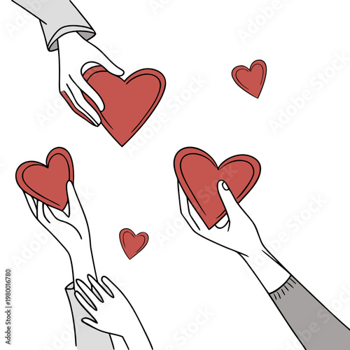An illustration depicts hands reaching out offering and receiving red hearts symbolizing love care and connection between individuals high quality professional detailed