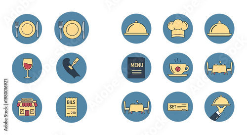 Collection of restaurant and dining related flat design icons.