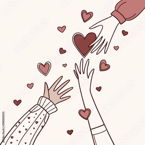 A minimalist illustration depicts hands reaching for hearts symbolizing love care and connection in a gentle heartwarming exchange high quality professional detailed