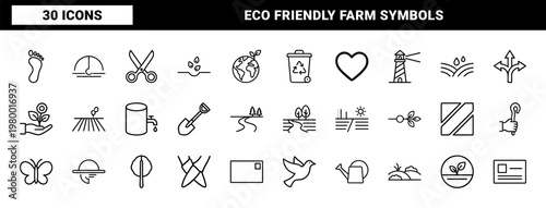 Sustainable agriculture and organic farming thin line icons set