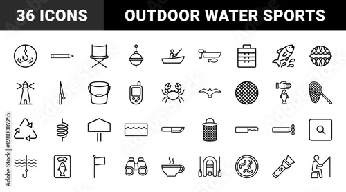 Minimalist fishing and angling line icon collection