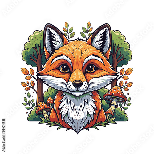 Colorful cartoon fox face closeup portrait.