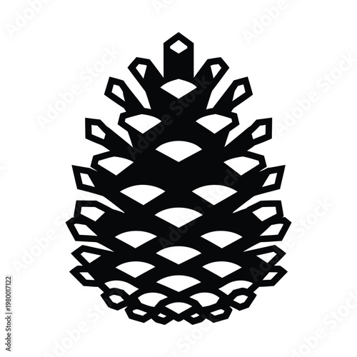 Minimalist pine cone vector icon, black geometric pinecone silhouette isolated on white, rustic forest nature symbol for winter holiday branding and outdoor logo design