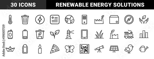 Sustainable energy and ecology line icons for green technology