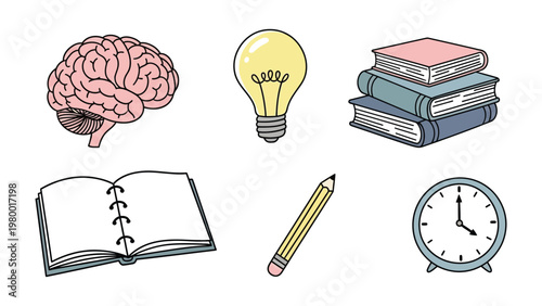 Brainstorming Essentials:  A conceptual illustration showcasing the tools of learning,  creativity and knowledge, featuring a brain, lightbulb, books, an open notebook, a pencil, and a clock. 