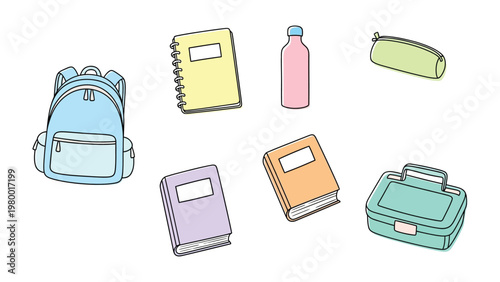 Essential Study Kit: A collection of school essentials, including a backpack, notebooks, pencil case, water bottle, and lunchbox, perfect for students.
