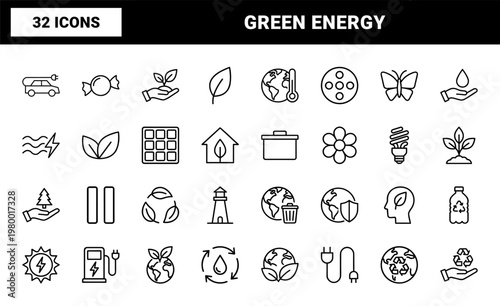 Environmental and green energy line icon set for sustainable design.