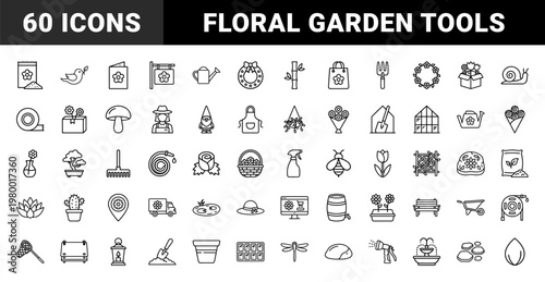 Floral shop and gardening line icons for florist business