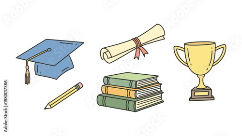 Education Essentials: A collection of educational elements, including a graduation cap, books, a pencil, a scroll, and a trophy, symbolize the core components of learning, academic achievement.