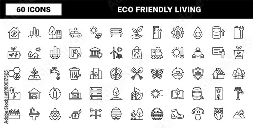 Sustainable city and eco urbanism minimalist outline icon set