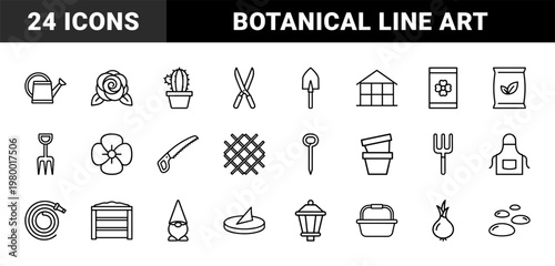 Floral line art icons set with various flower species in minimalist outline style