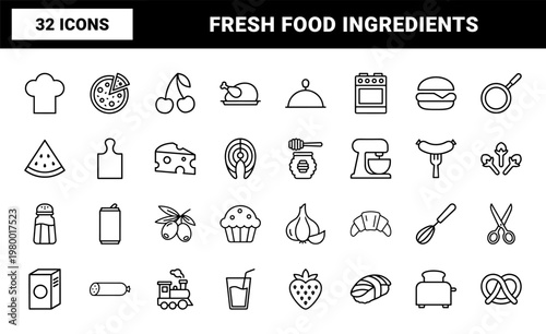 Minimalist food and cooking line icons in grid layout