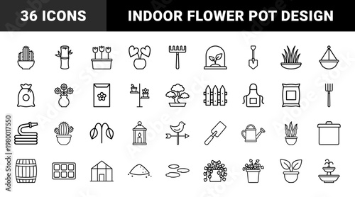 Indoor plants and gardening tools minimalist outline icon set