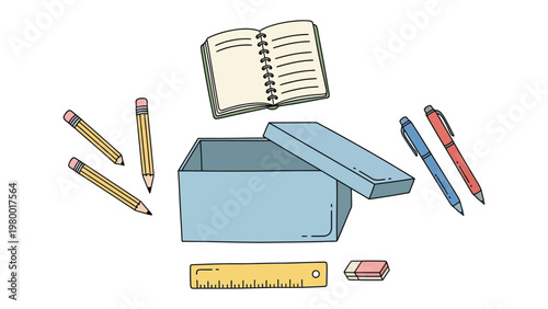 Workspace Essentials: A collection of essential office supplies and stationery arranged around an open box, symbolizing creativity, organization, and the tools for success