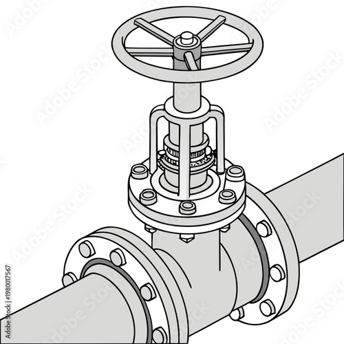 Industrial pipeline gate valve and flange connection line art illustration for oil gas and water management engineering with pipeline industrial engineering plumbing pressure mechanism handwheel