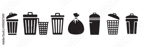 Collection of various black trash cans and waste bins on white background