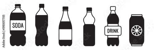 Soda drink bottles and orange juice can silhouette collection for commercial packaging icons