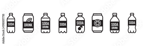 Line art soda bottle and can icons with beverage labels and minimalist outlines for web design