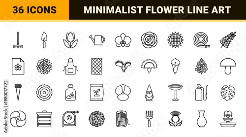 Garden flowers and botany line icon set in minimalist style