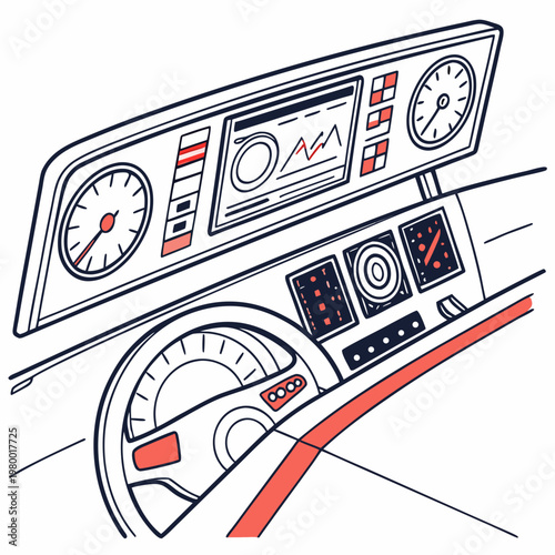 Modern futuristic car dashboard with steering wheel and digital displays for automotive technology represents automotive technology and transportation innovation control panel line art dashboard