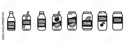 Soda drink collection featuring bottles and cans with various designs including fruit flavors