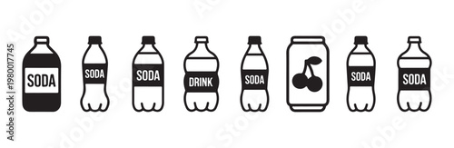 Soda drink black and white icons featuring bottles and cans with diverse designs