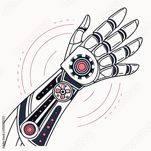 Robotic arm with gears and abstract elements outline illustration artificial intelligence science fiction automation cybernetic mechanical technology innovation engineering illustration