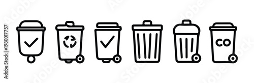 Trash can icons with checkmarks and recycle symbols on various wheeled bins