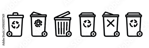 Trash can icons with recycle symbols and various designs of wheeled garbage bins