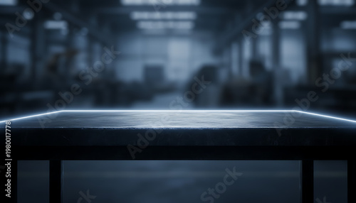 Futuristic Metal Podium with Blue Neon Edge in a Blurred Industrial Factory Setting