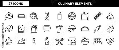 Minimalist food and beverage line icons with kitchen tools