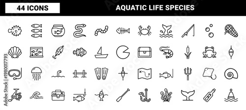 Freshwater fish and fishing line icons set