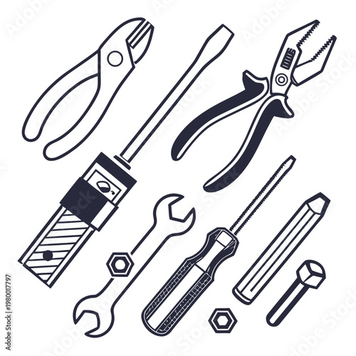 Collection of hand tools outline vector illustration: pliers screwdrivers wrench saw blade bolt with nut for diy and repair concepts white background line art screwdriver maintenance construction