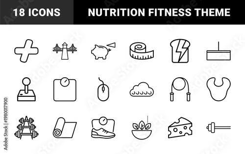 Minimalist food and fitness outline icon collection