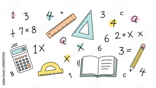 Math Study Essentials: A collection of educational tools and mathematical symbols are creatively arranged to emphasize the process of learning and solving.