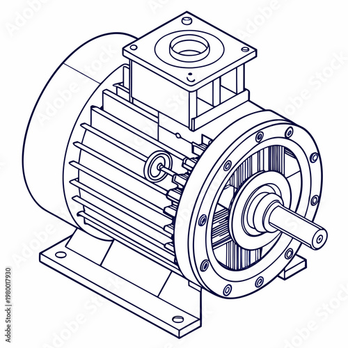 Industrial electric motor isometric line art drawing for engineering and manufacturing technical illustration with electric industrial mechanical engineering machinery component rotation