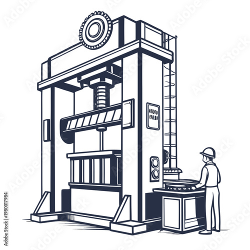 Industrial pressing machine operated by a worker in a manufacturing plant with industrial press heavy industry hydraulic press industrial equipment manufacturing process machine operation