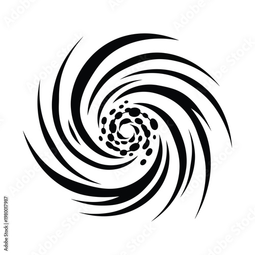 Spiral vortex vector icon, black swirling galaxy shape on white background, abstract circular motion graphic, dynamic rotating whirlpool element for logo design and branding