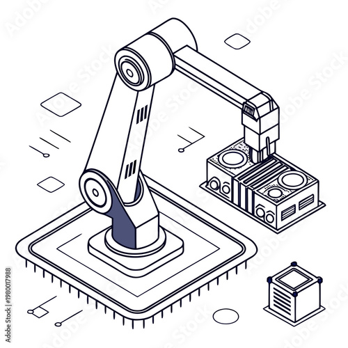 Industrial robotic arm handling a large electronic component on a processor with integrated circuitry mechanical arm artificial intelligence smart factory future technology electronics processor