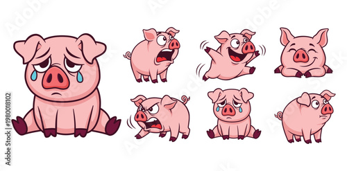 Cute Cartoon Pig Different Expressions Emotions Illustration Character Design