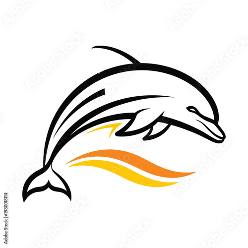 Dolphin jumping vector logo, stylized marine mammal icon with orange and yellow waves, aquatic animal mascot for sports and travel branding, minimalist sea life illustration