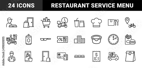Food delivery and restaurant glyph icons set