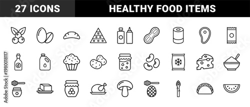 Food product and grocery line icon set in minimalist style