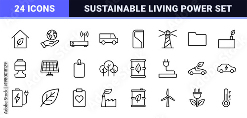 Environment and green energy line icons with solar, wind, and recycle symbols.