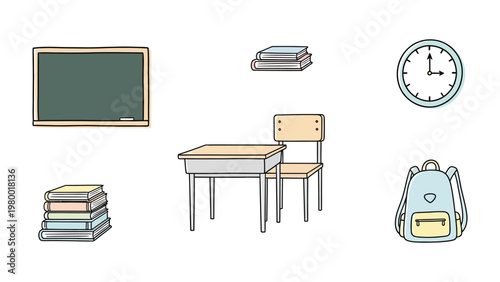 School Supplies: Illustration of essential educational tools, symbolizing learning and scholastic environment. 
