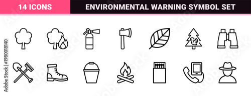 Environmental hazard and forest fire thin line icon set