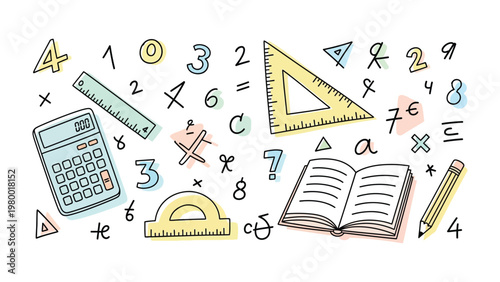 Educational Illustration: A colorful array of math elements, including numbers, a calculator, a ruler, a protractor, a triangle, a pencil, and an open book, forms a creative and inspiring visual aid