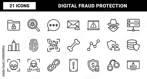 Cyber security and hacking line icons with digital protection symbols